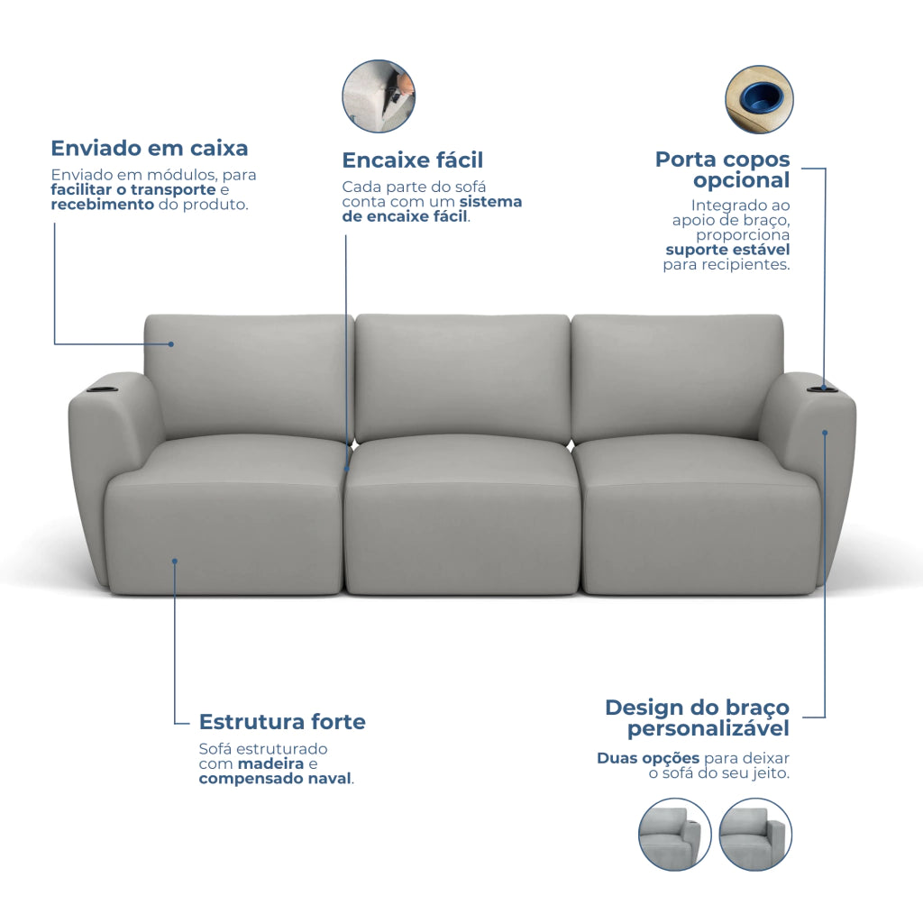 Sofá Damie Na Caixa Modular 3 Lugares + Apoio de Pé Grátis (Puff)