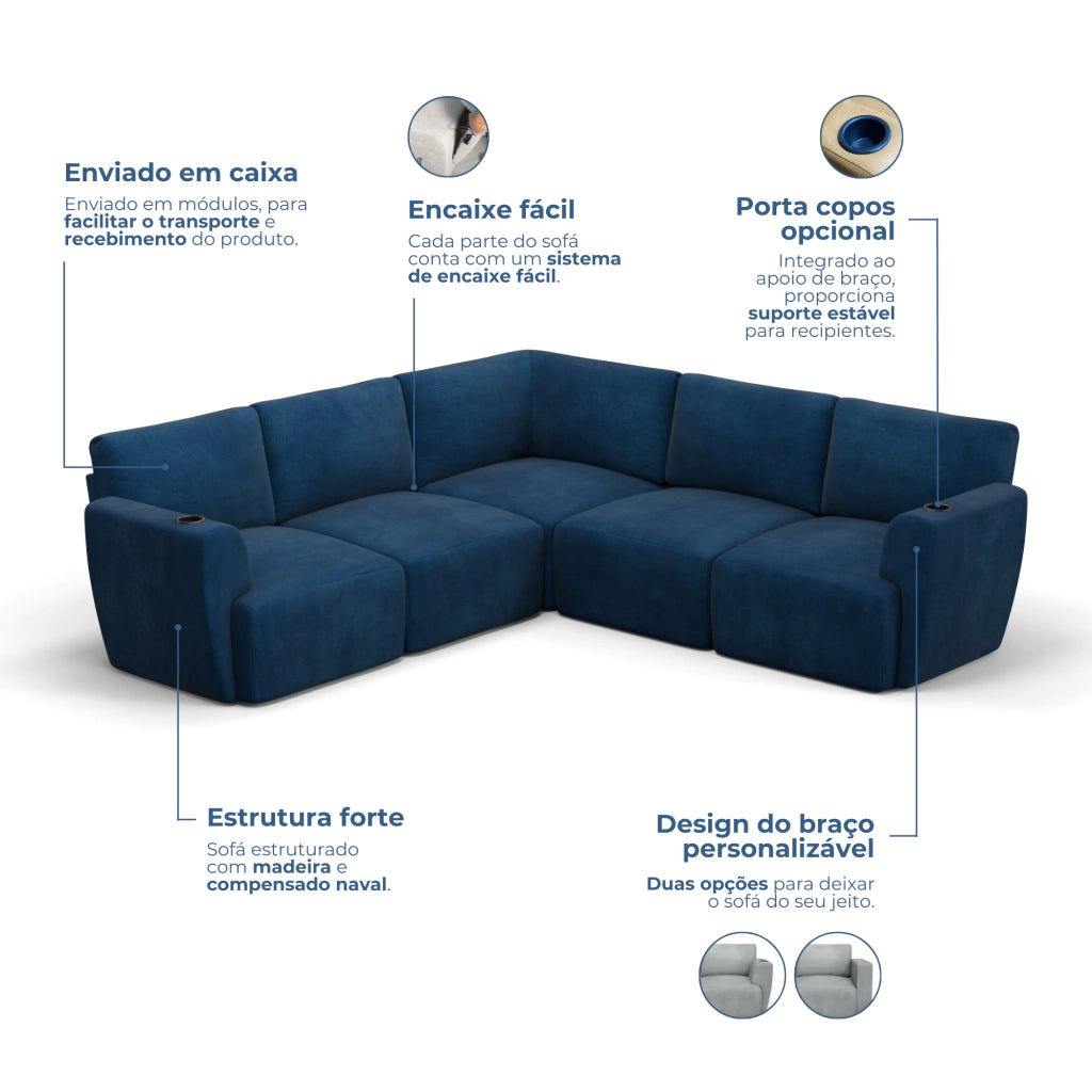Sofá Damie Na Caixa Modular 5 Lugares em L + Apoio de Pé Grátis (Puff)