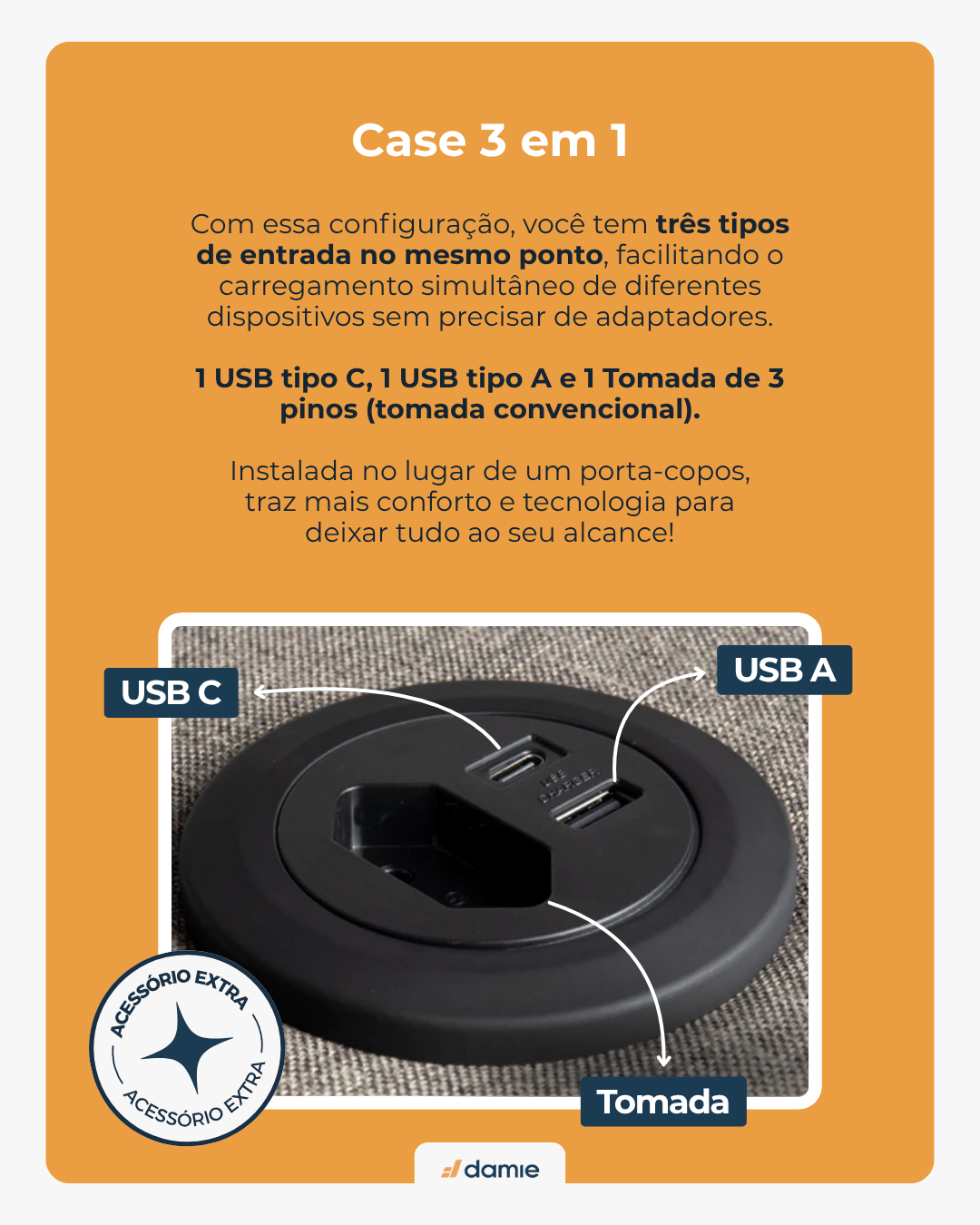 Case 3 em 1 Fosco (1 USB-A + 1 USB-C + 1 tomada 3 pinos)