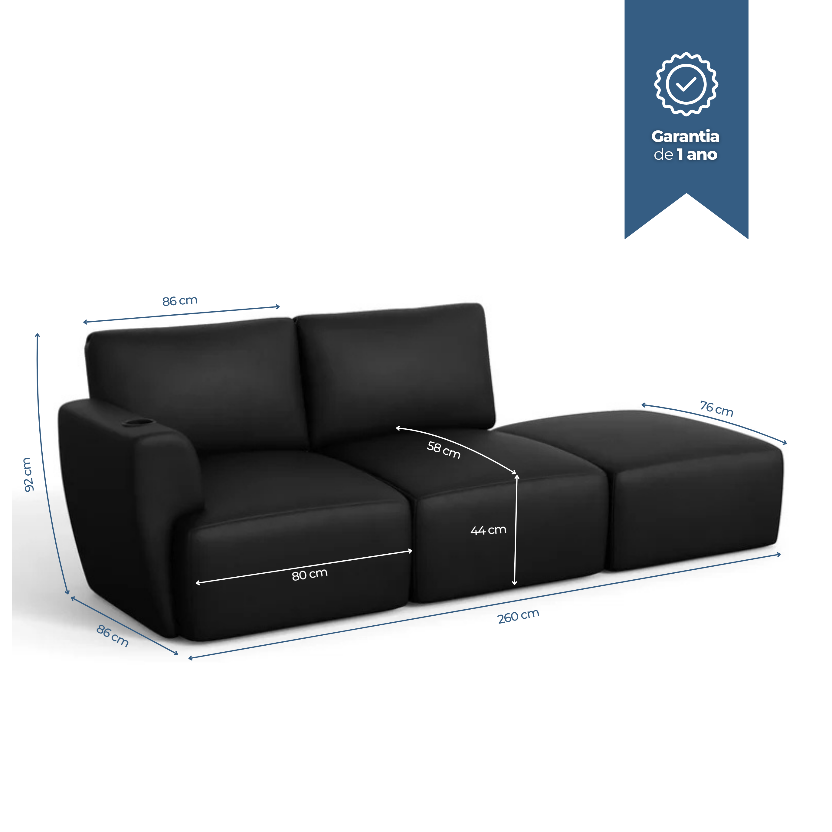 Sofá Damie na Caixa Modular 2 Lugares com 1 Braço + Apoio de Pé Grátis (Puff)