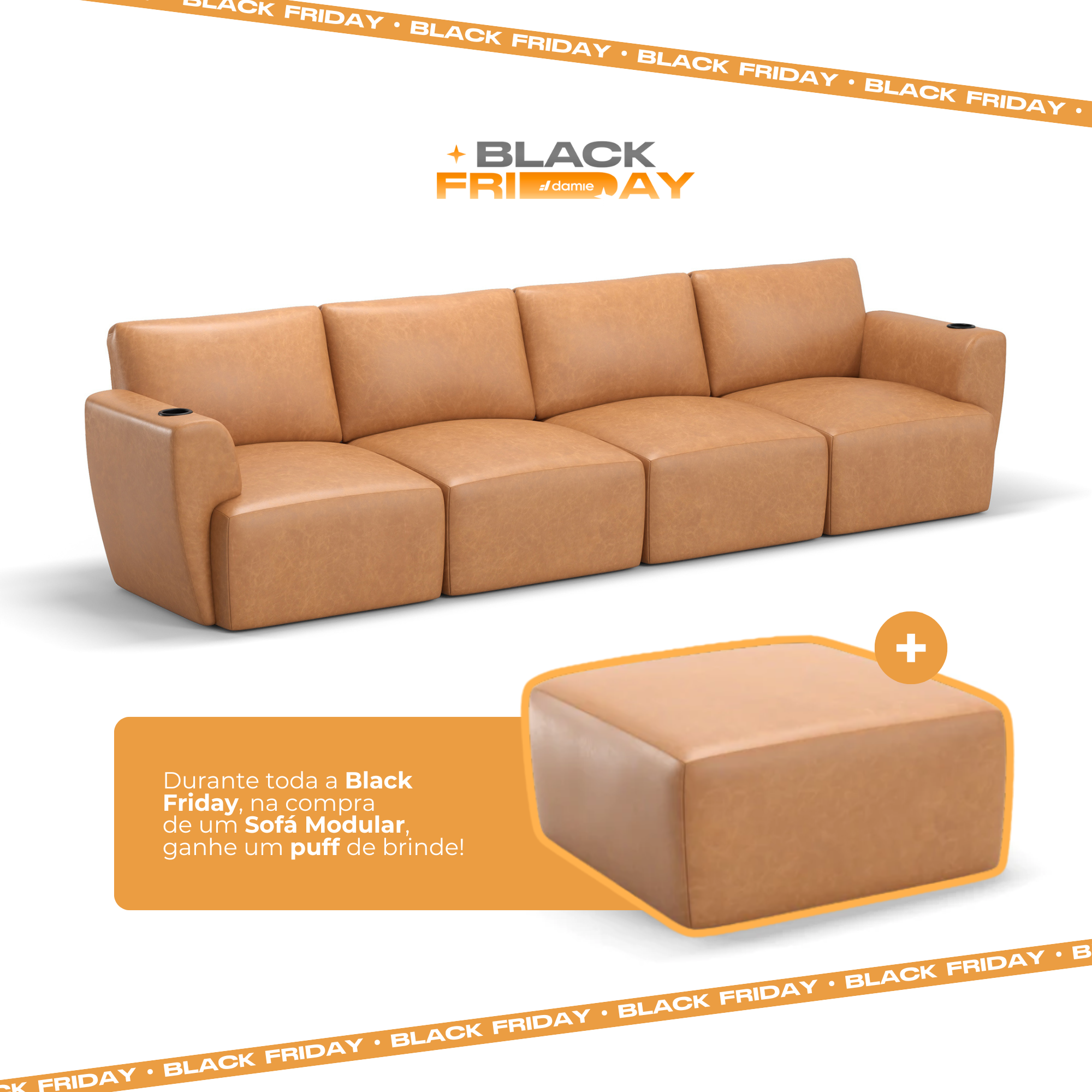 Sofá Damie Na Caixa Modular 4 Lugares + Apoio de Pé Grátis (Puff)