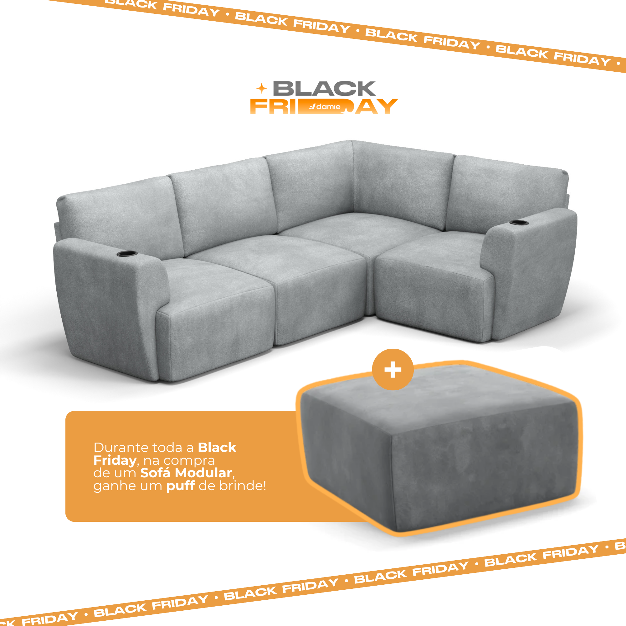 Sofá Damie Na Caixa Modular 4 Lugares em L + Apoio de Pé Grátis (Puff)