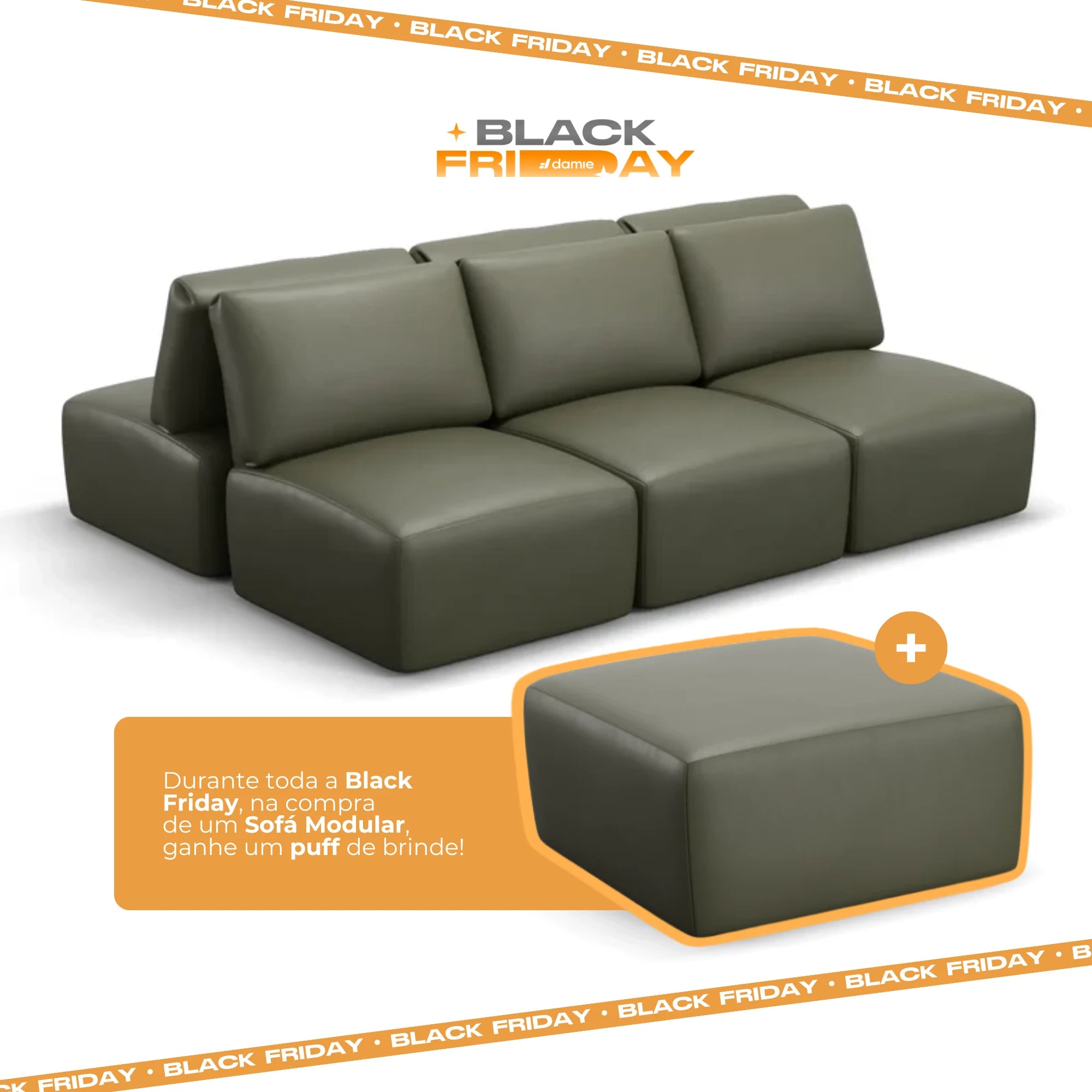 Sofá Damie Na Caixa Modular 6 Lugares em formato Ilha + Apoio de Pé Grátis (Puff)